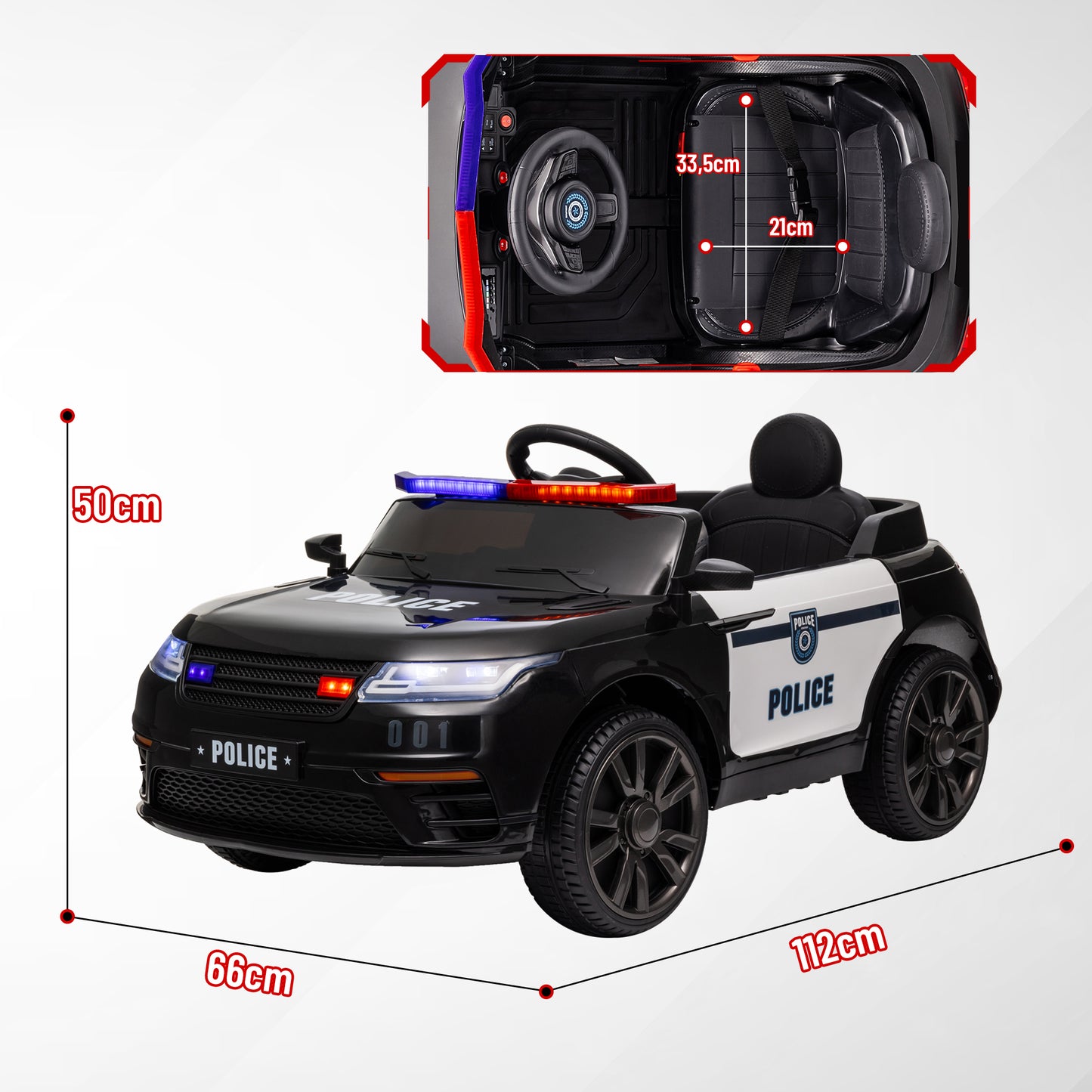 AIYAPLAY Coche Eléctrico para Niños de +3 Años Carro Eléctrico Infantil de Policía con Batería 12V Mando a Distancia Faros Bocina Sirena Música y Rueda de Entrenamiento Negro