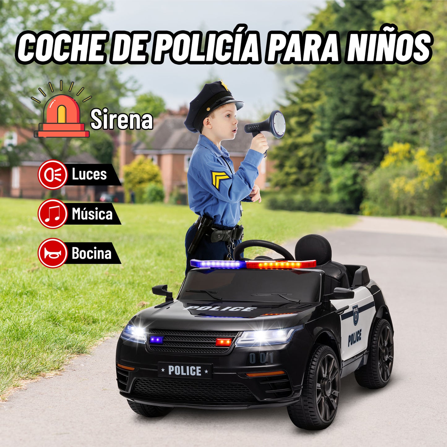 AIYAPLAY Coche Eléctrico para Niños de +3 Años Carro Eléctrico Infantil de Policía con Batería 12V Mando a Distancia Faros Bocina Sirena Música y Rueda de Entrenamiento Negro