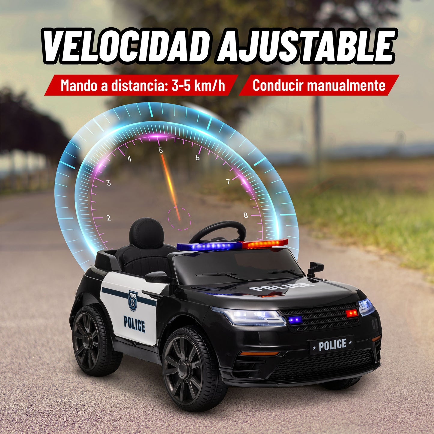 AIYAPLAY Coche Eléctrico para Niños de +3 Años Carro Eléctrico Infantil de Policía con Batería 12V Mando a Distancia Faros Bocina Sirena Música y Rueda de Entrenamiento Negro