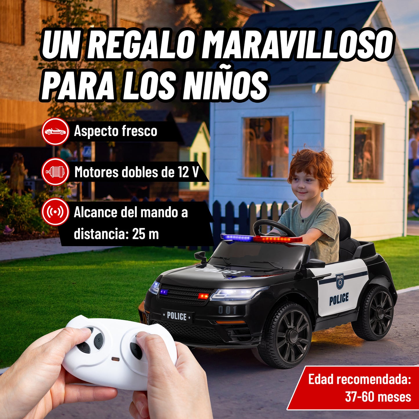 AIYAPLAY Coche Eléctrico para Niños de +3 Años Carro Eléctrico Infantil de Policía con Batería 12V Mando a Distancia Faros Bocina Sirena Música y Rueda de Entrenamiento Negro