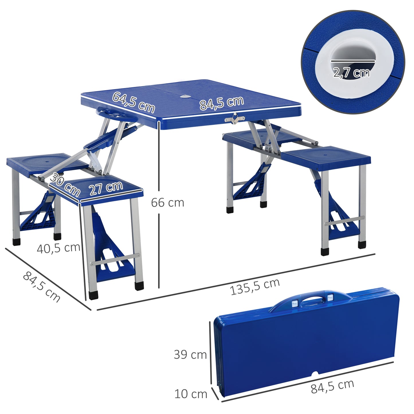 Outsunny Mesa Maleta de Camping Plegable Portátil con 4 Asientos y Agujero para Sombrilla Estructura de Aluminio para Playa Picnic 135,5x84,5x66 cm Azul