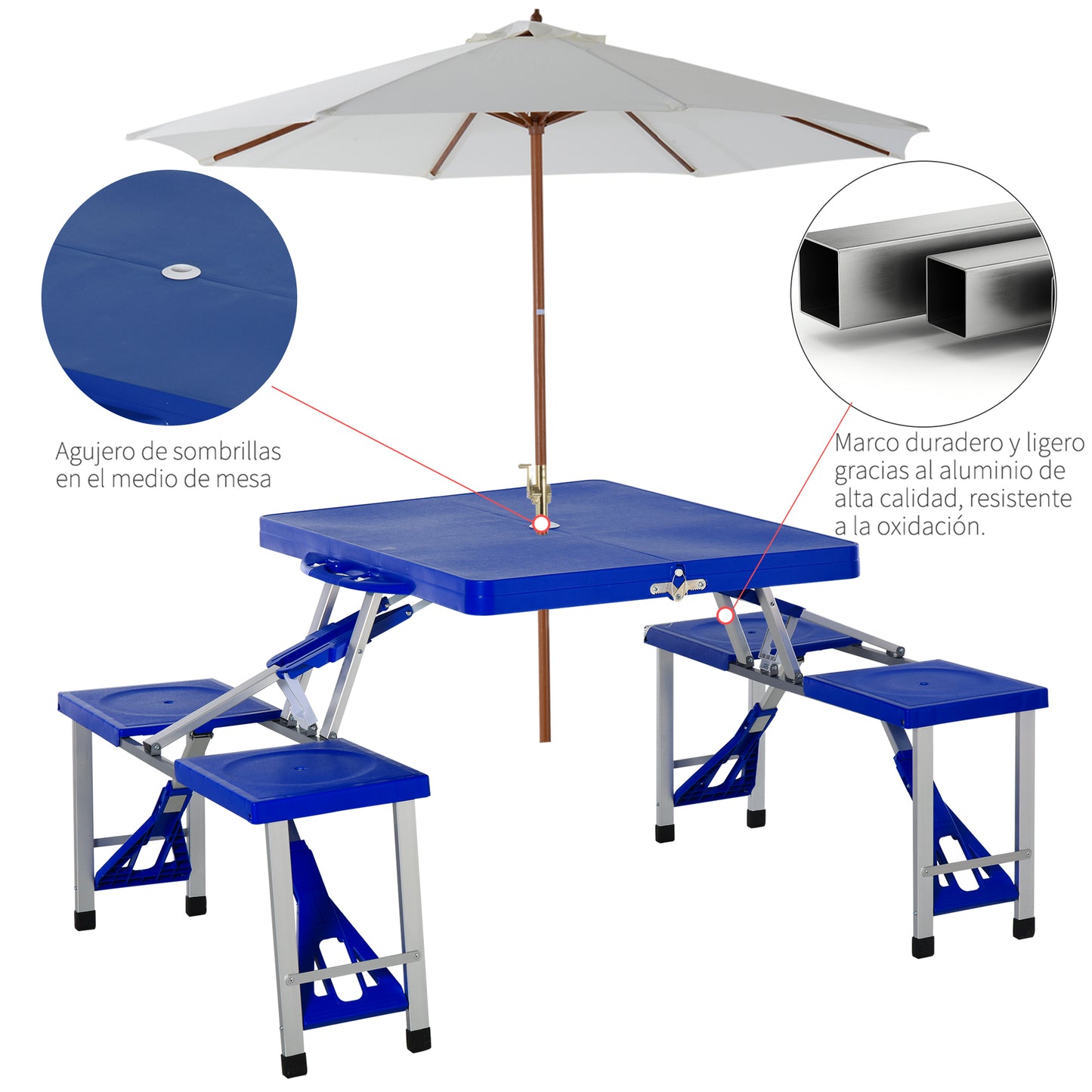 Outsunny Mesa Maleta de Camping Plegable Portátil con 4 Asientos y Agujero para Sombrilla Estructura de Aluminio para Playa Picnic 135,5x84,5x66 cm Azul