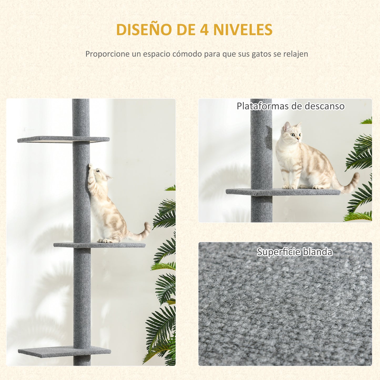 PawHut Árbol para Gatos del Suelo al Techo 43x27x228-260 cm Torre para Gatos con Altura Ajustable 4 Plataformas Espaciosas y Poste de Sisal Gris