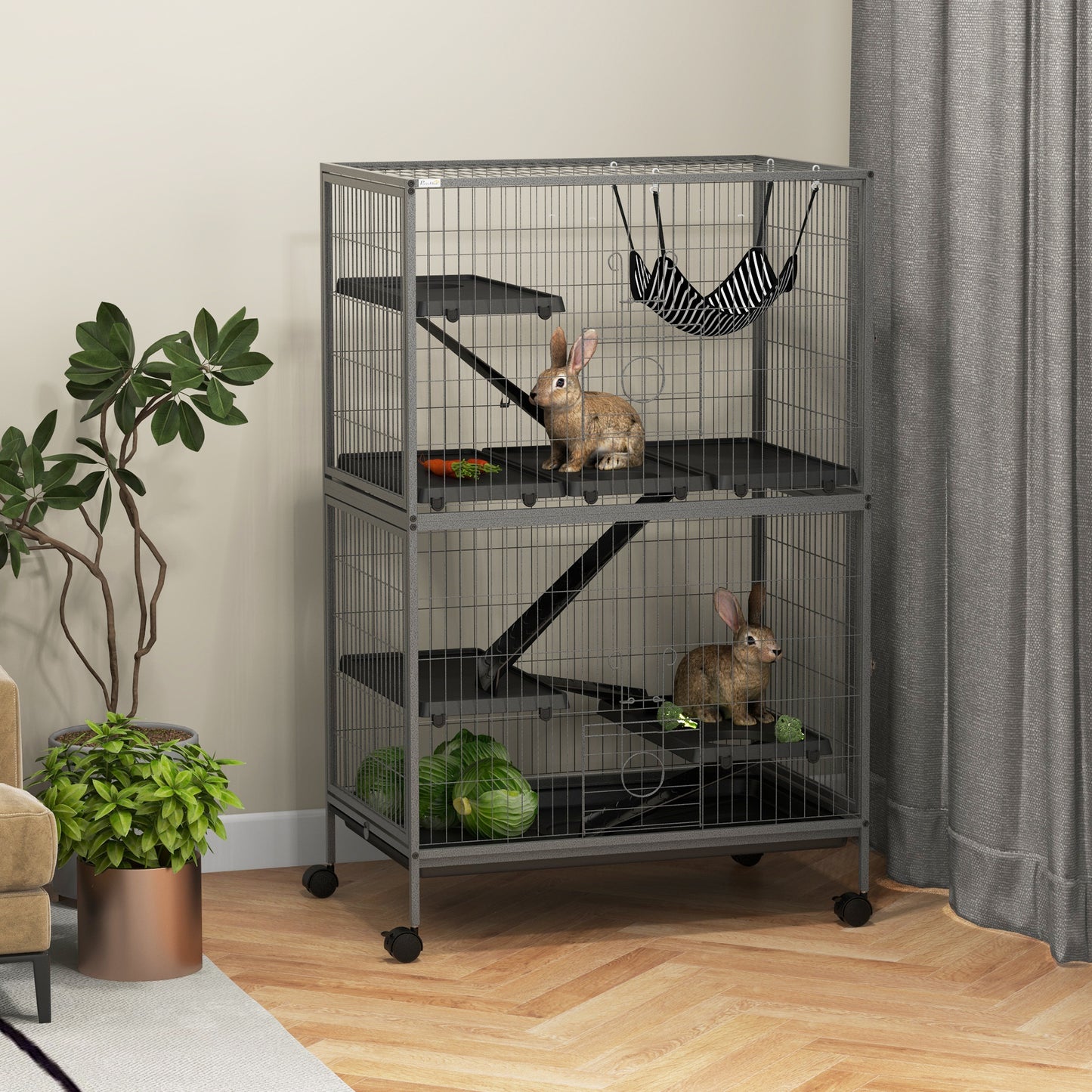 PawHut Jaula para Animales Pequeños de 4 Niveles Parque para Mascotas con Ruedas Rampas Hamaca Colgante y Bandeja Extraíble Recinto para Conejos Chinchillas Hurones 80x52x128 cm Gris