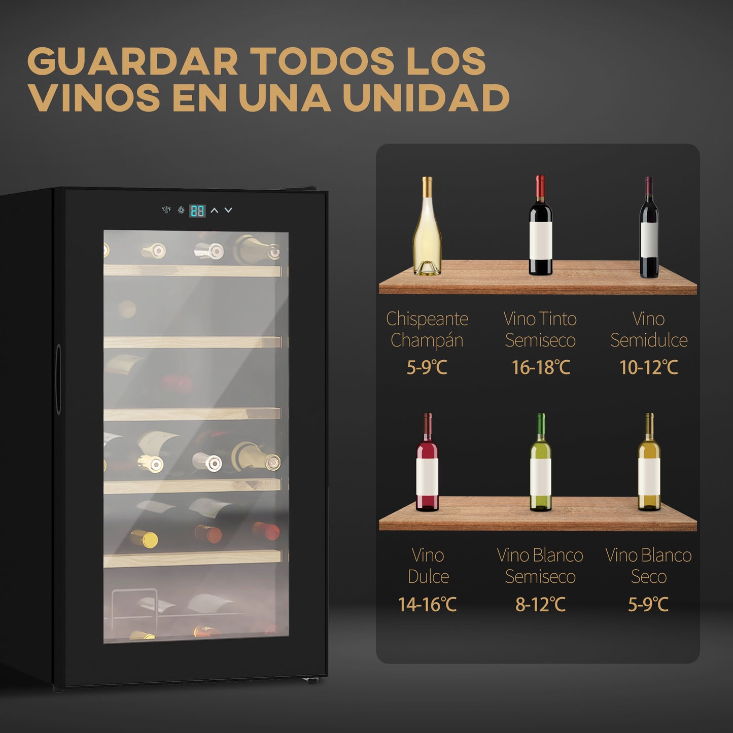 HOMCOM Nevera Vinos 24 Botellas 65L Vinoteca con Luz LED Interior Pantalla Táctil Digital Control de Temperatura Puerta de Vidrio y 5 Estantes de Metal Negro