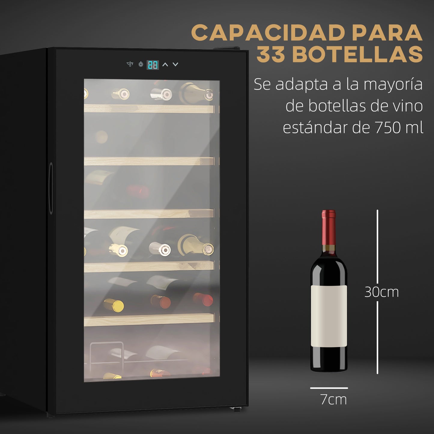 HOMCOM Nevera Vinos 24 Botellas 65L Vinoteca con Luz LED Interior Pantalla Táctil Digital Control de Temperatura Puerta de Vidrio y 5 Estantes de Metal Negro