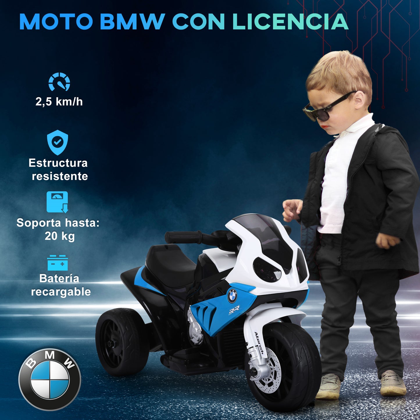 HOMCOM Moto Eléctrica para Niños de 18-36 Meses con Licencia BMW S1000RR Motocicleta de Batería 6V Moto Infantil con Música Carga 20 kg Azul