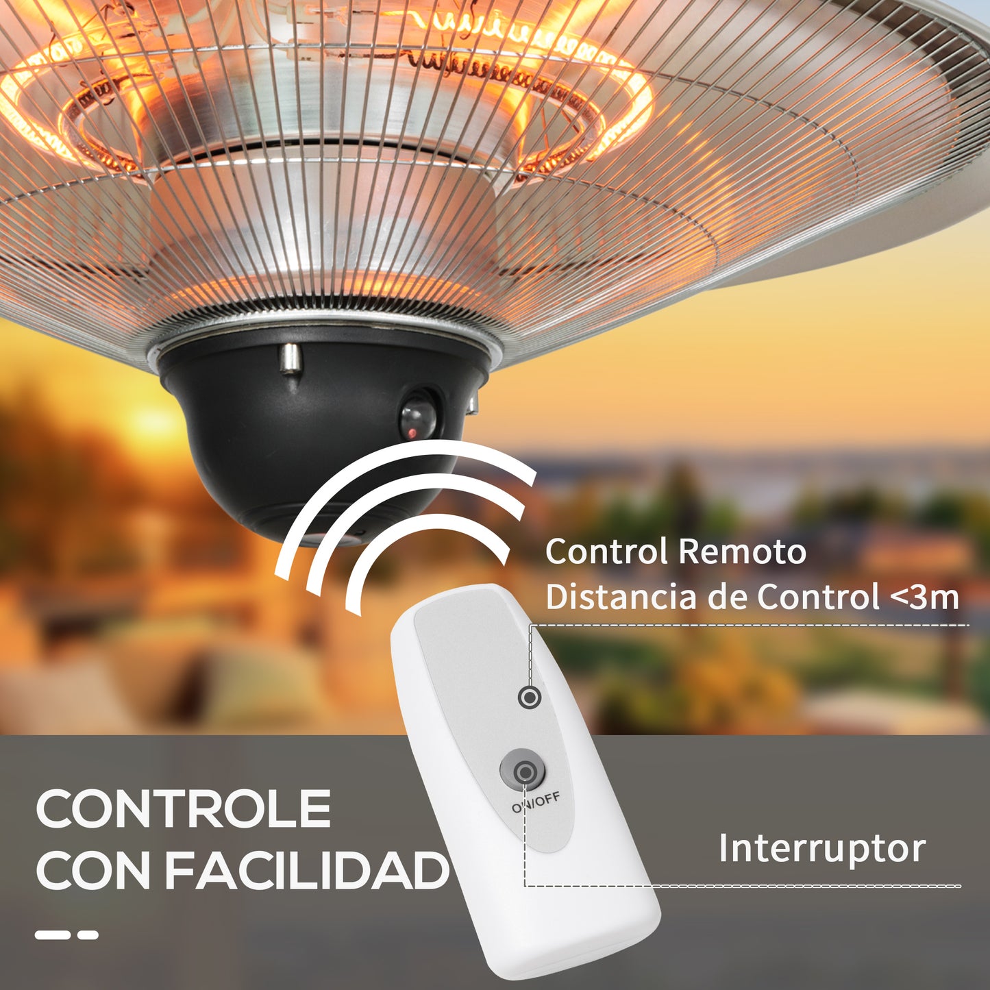 Outsunny Calefactor Exterior de Techo 1010/2210W Estufa de Infrarrojos con Mando a Distancia 2 Niveles de Calor Protección IP44 Aluminio para Terraza Patio Interior Ø58,5x33 cm Plata