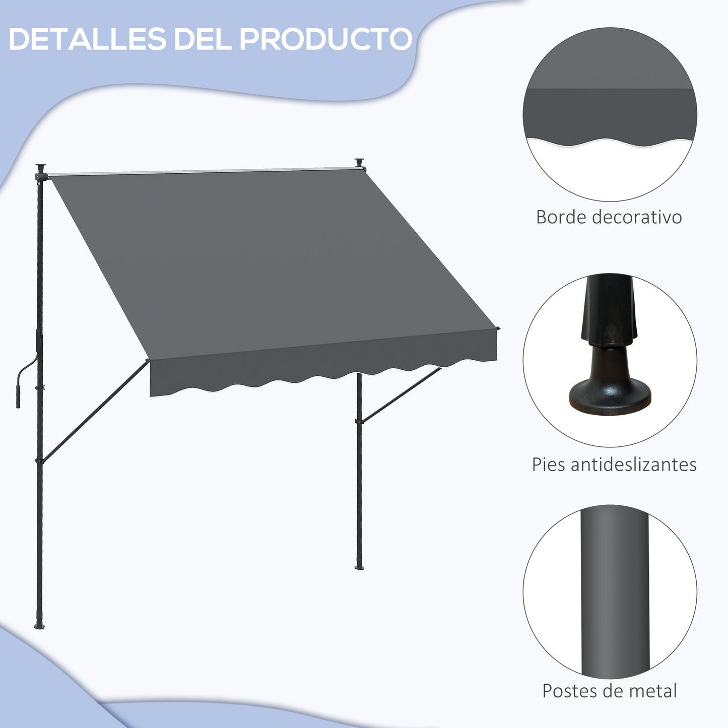 Outsunny Toldo Manual Retráctil 200x175x210-310 cm Toldo para Balcón con Altura Ajustable Manivela y Protección Solar para Terraza Jardín Gris