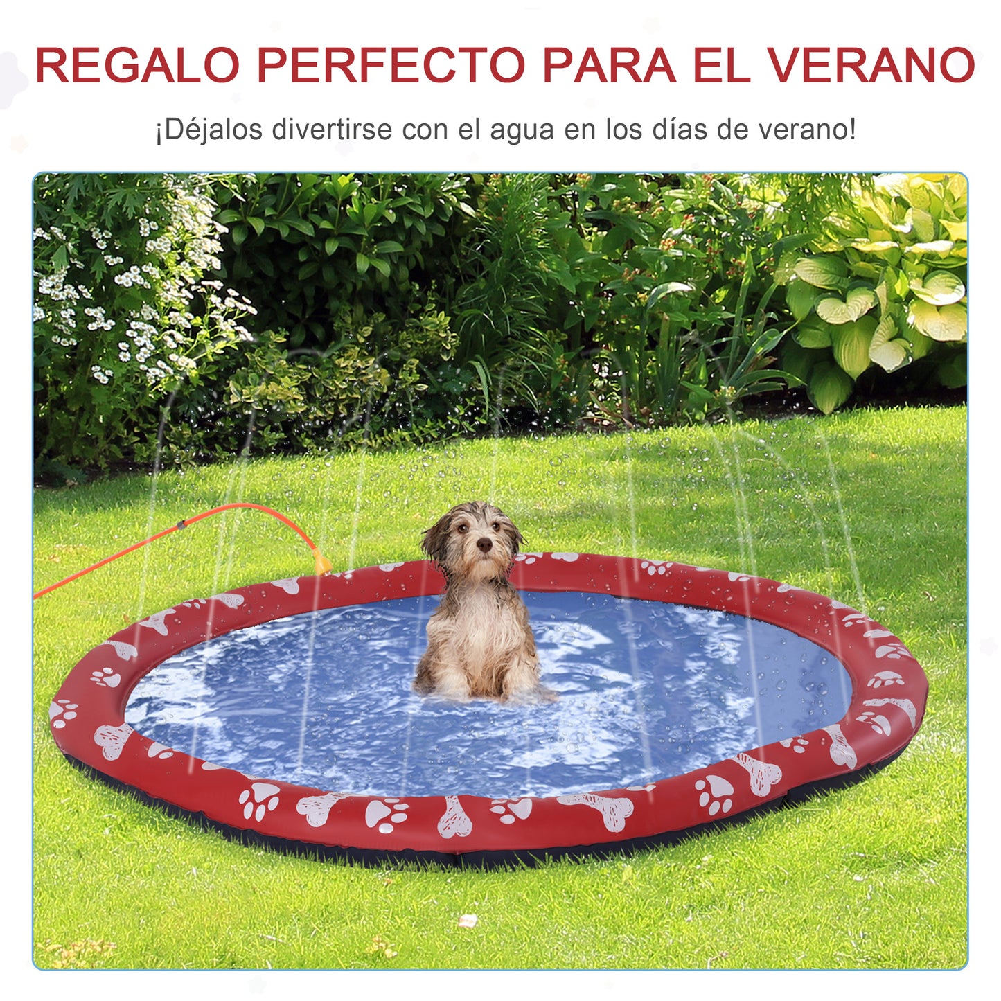 PawHut Splash Pad para Mascotas Tapete de Juegos de Agua Redondo Ø170 cm Almohadilla de Aspersor con Bonito Estampado y Superficie Antideslizante para Perros y Niños Rojo y Azul