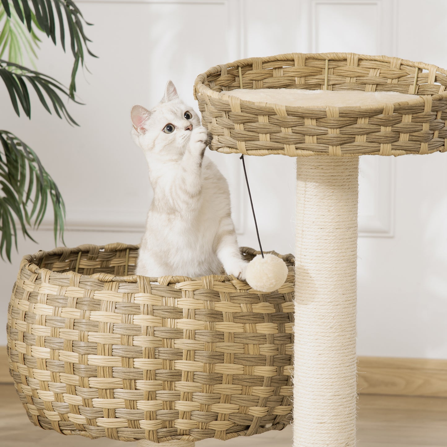 PawHut Árbol para Gatos Mediano con Cama Superior Cesta de Mimbre con Cojines Postes Rascadores de Sisal Natural y Bola Colgante de Juguete 54x40x70 cm Beige