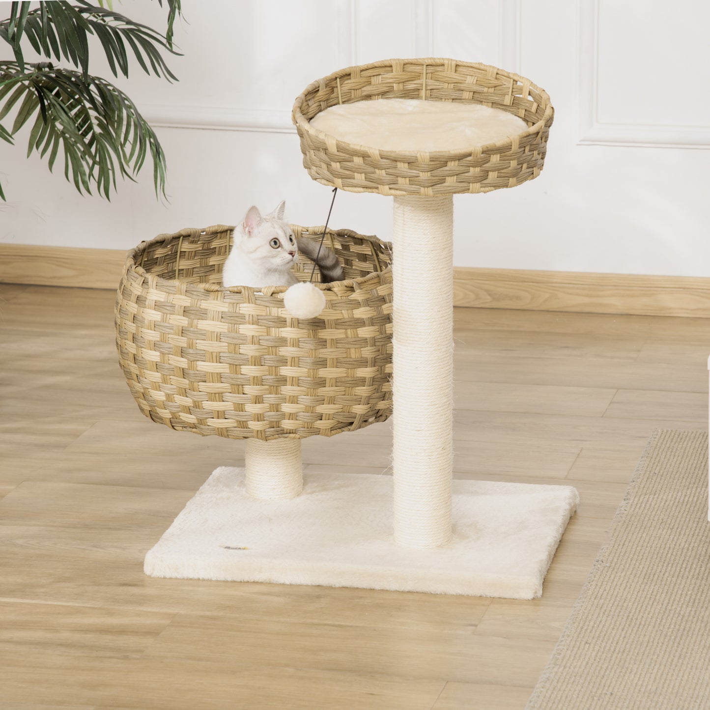 PawHut Árbol para Gatos Mediano con Cama Superior Cesta de Mimbre con Cojines Postes Rascadores de Sisal Natural y Bola Colgante de Juguete 54x40x70 cm Beige