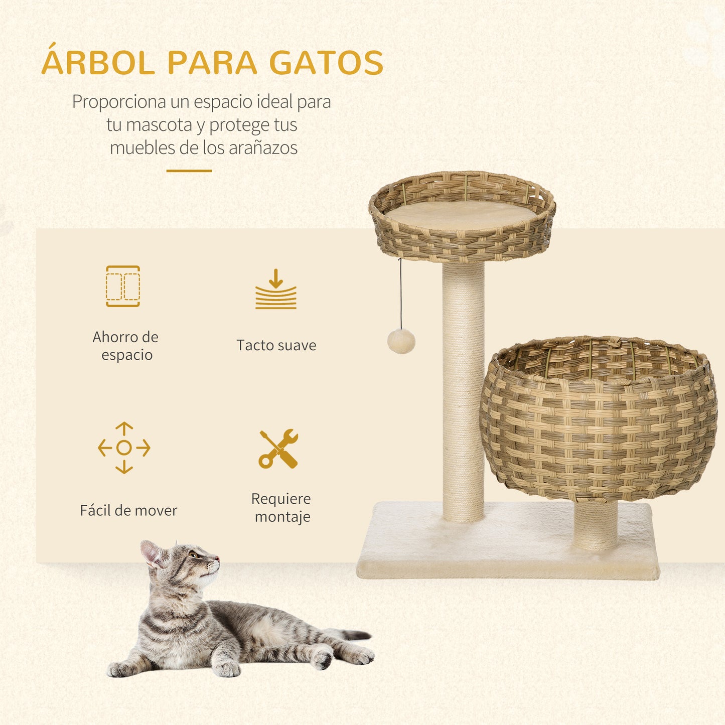 PawHut Árbol para Gatos Mediano con Cama Superior Cesta de Mimbre con Cojines Postes Rascadores de Sisal Natural y Bola Colgante de Juguete 54x40x70 cm Beige