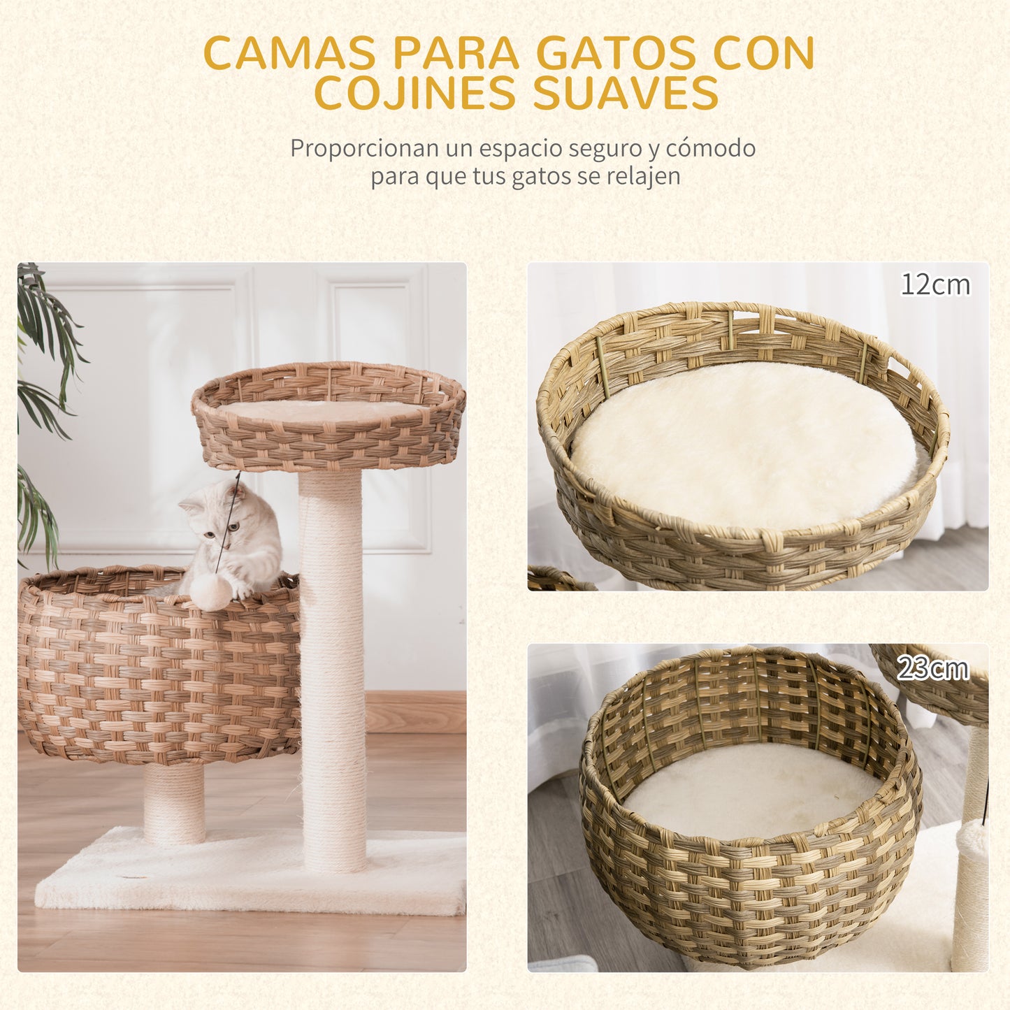 PawHut Árbol para Gatos Mediano con Cama Superior Cesta de Mimbre con Cojines Postes Rascadores de Sisal Natural y Bola Colgante de Juguete 54x40x70 cm Beige