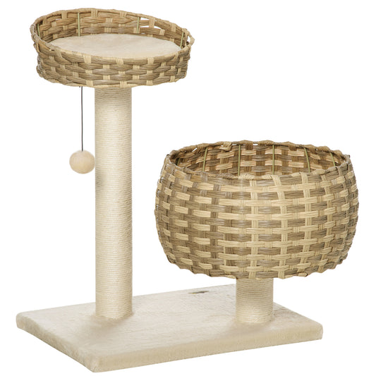 PawHut Árbol para Gatos Mediano con Cama Superior Cesta de Mimbre con Cojines Postes Rascadores de Sisal Natural y Bola Colgante de Juguete 54x40x70 cm Beige