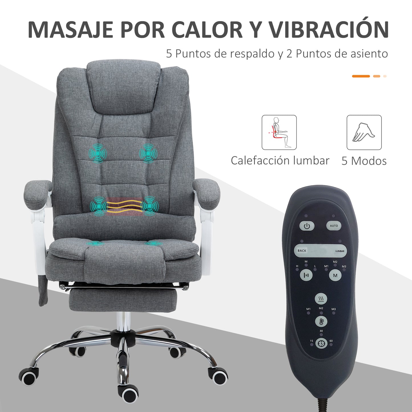 Vinsetto Silla de Masaje con 6 Puntos de Masaje Silla de Oficina Silla de Escritorio Reclinable con Altura Ajustable Función de Calentamiento Reposapiés y Control Remoto 65x70x111-119 cm Gris