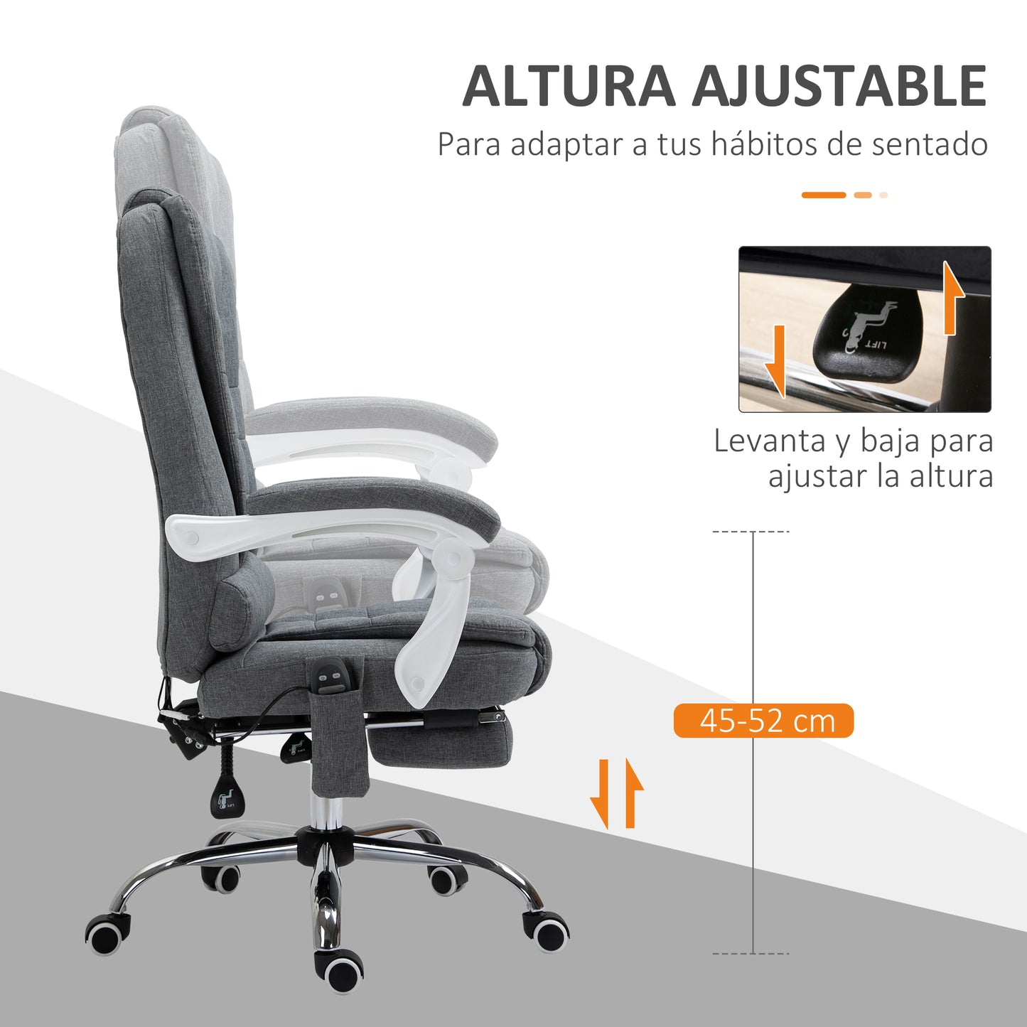 Vinsetto Silla de Masaje con 6 Puntos de Masaje Silla de Oficina Silla de Escritorio Reclinable con Altura Ajustable Función de Calentamiento Reposapiés y Control Remoto 65x70x111-119 cm Gris