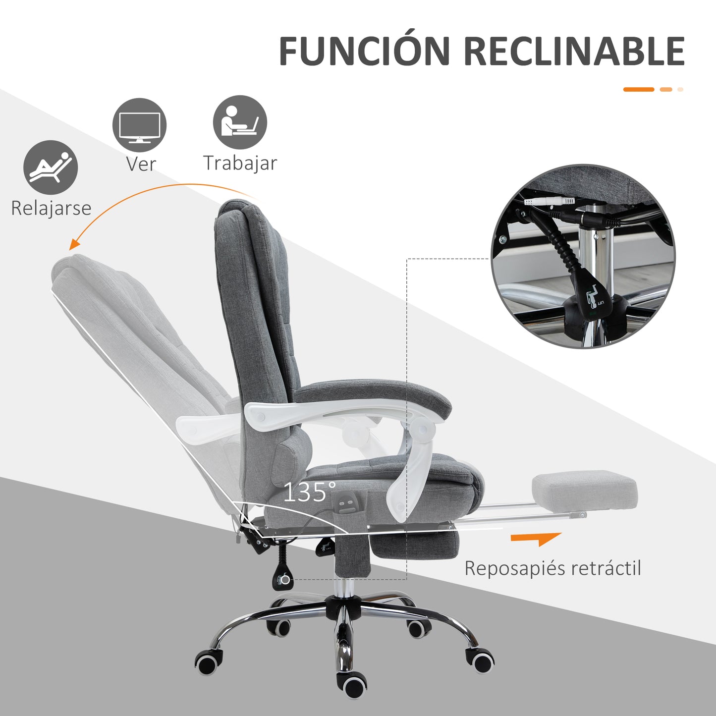 Vinsetto Silla de Masaje con 6 Puntos de Masaje Silla de Oficina Silla de Escritorio Reclinable con Altura Ajustable Función de Calentamiento Reposapiés y Control Remoto 65x70x111-119 cm Gris