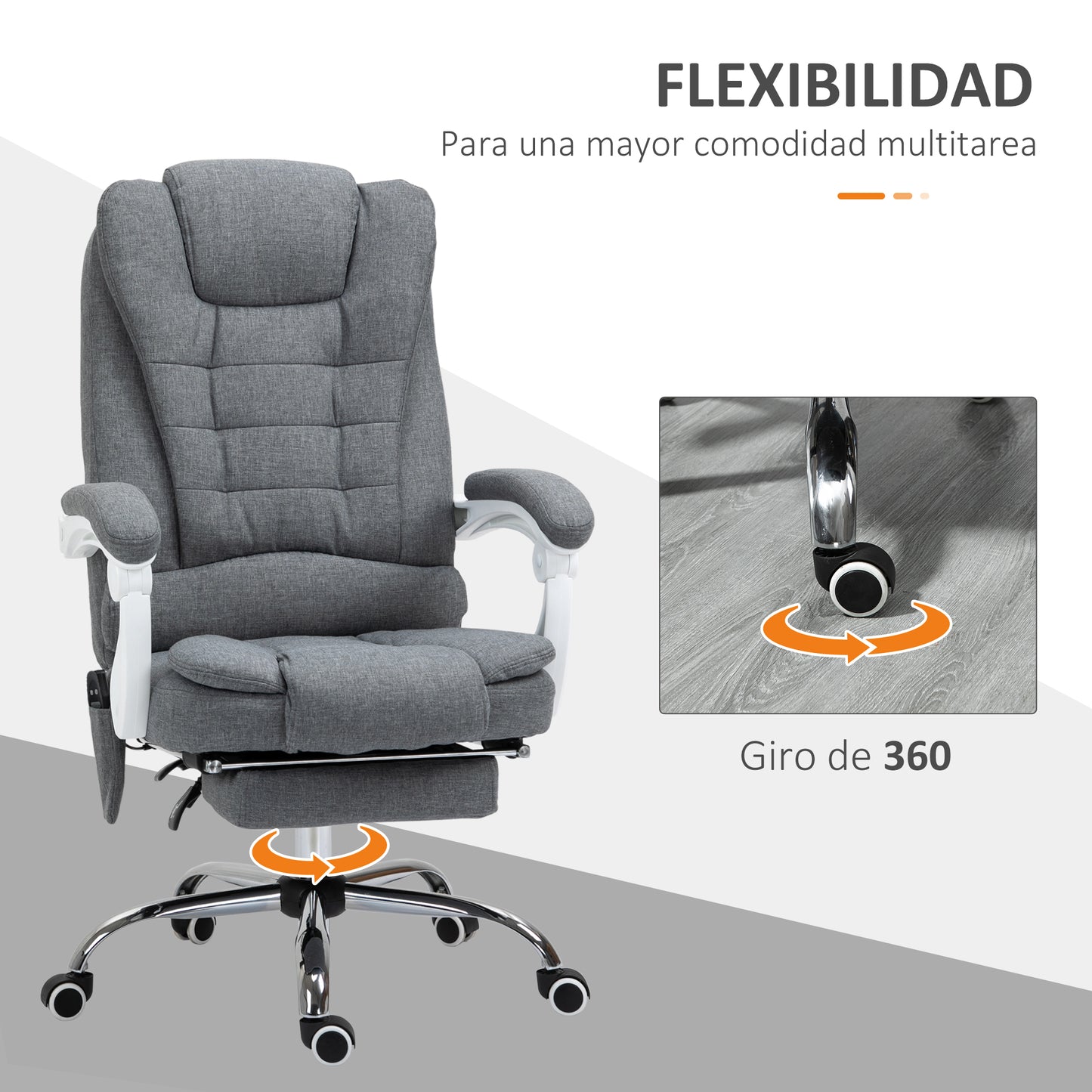 Vinsetto Silla de Masaje con 6 Puntos de Masaje Silla de Oficina Silla de Escritorio Reclinable con Altura Ajustable Función de Calentamiento Reposapiés y Control Remoto 65x70x111-119 cm Gris