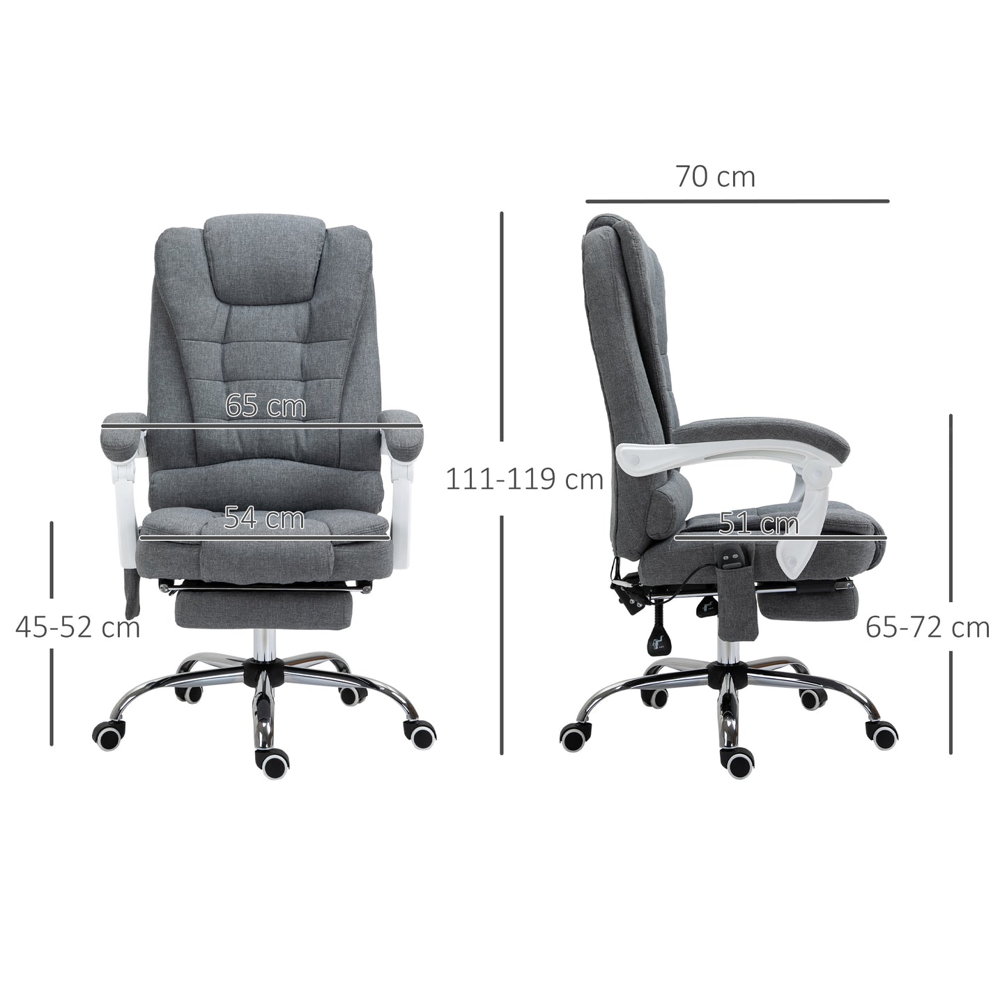 Vinsetto Silla de Masaje con 6 Puntos de Masaje Silla de Oficina Silla de Escritorio Reclinable con Altura Ajustable Función de Calentamiento Reposapiés y Control Remoto 65x70x111-119 cm Gris