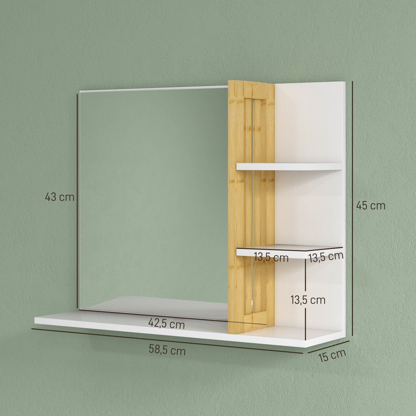 HOMCOM Espejo de Baño Moderno Espejo de Pared Rectangular con 4 Estantes de Almacenamiento para Maquillaje Tocador Vestidor 45x15x58,5 cm Blanco