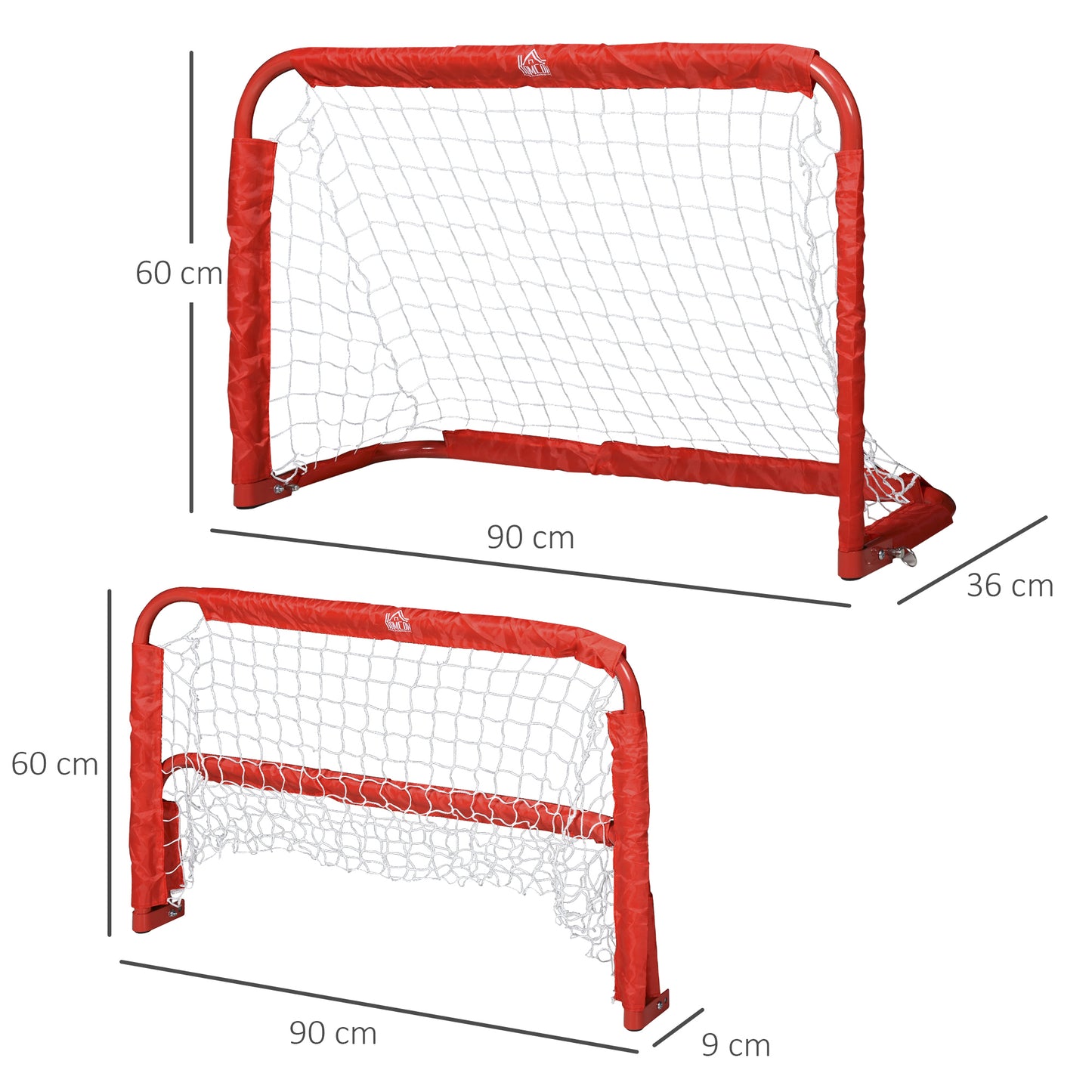 HOMCOM Set de 2 Porterías Plegables de Fútbol Puertas de Fútbol Portátil para Jardín y Exterior para Niños y Adultos Hierro Q195 Poliéster 90x36x60 cm Rojo