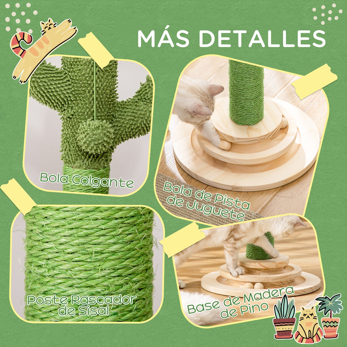 PawHut Poste Rascador para Gatos en Forma de Cactus Pequeño Árbol Rascador para Gatos con Poste de Sisal y Felpa Pelota Colgante y Base con Juego de Madera 32x32x60 cm Verde