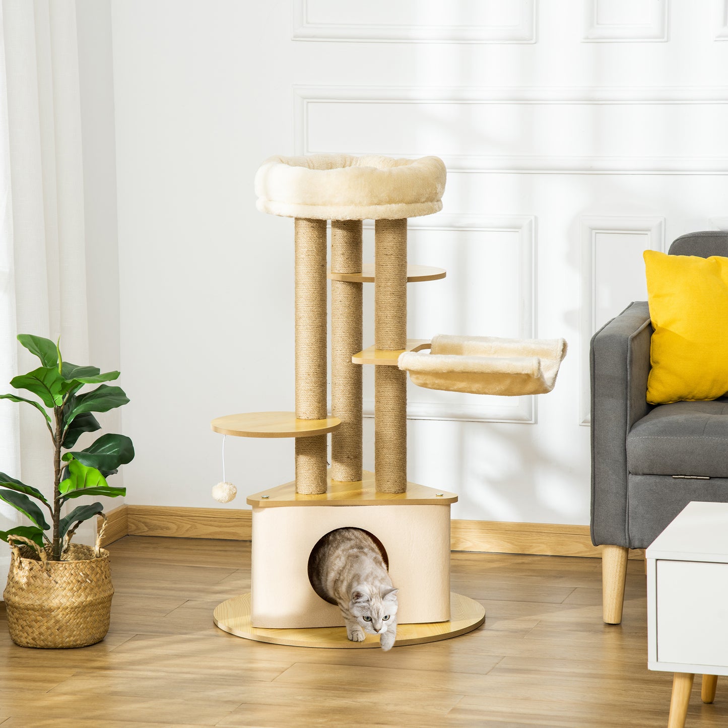 PawHut Árbol Rascador para Gatos Ø60x99 cm con Cueva Triangular de Fieltro Extraíble Hamaca Cama Lavable Postes Rascador de Yute Plataformas y Bola Colgante Beige y Natural