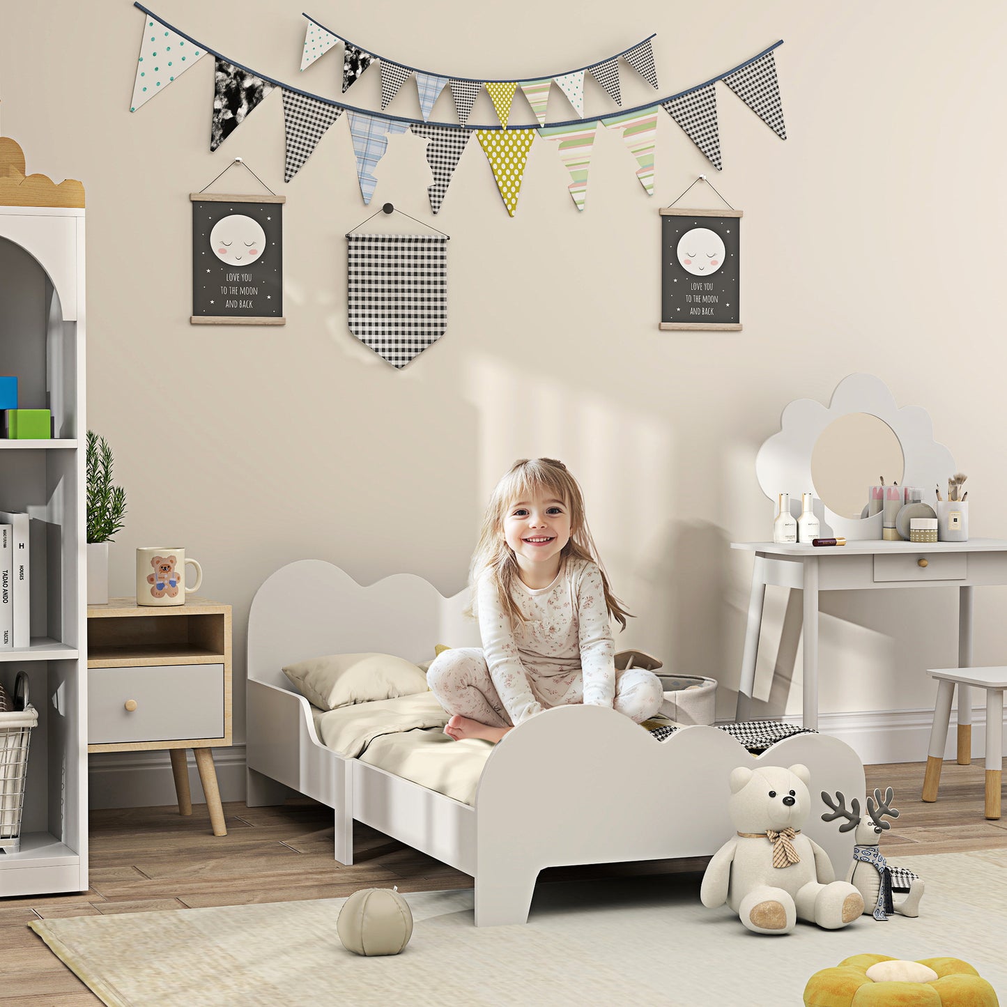 AIYAPLAY Cama para Niños de +3 Años 140x70 cm Estructura de Cama Infantil Tema de Nubes con Barandilla para Dormitorio Blanco