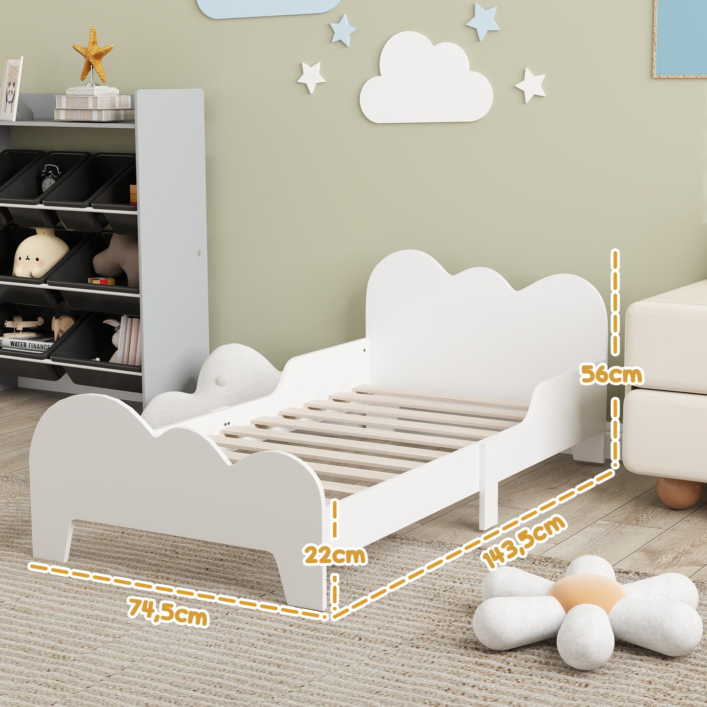 AIYAPLAY Cama para Niños de +3 Años 140x70 cm Estructura de Cama Infantil Tema de Nubes con Barandilla para Dormitorio Blanco