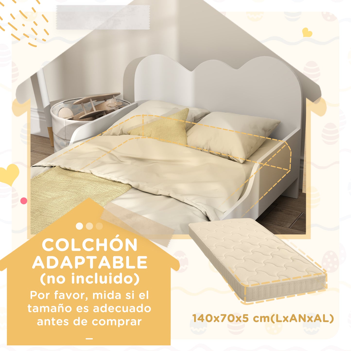 AIYAPLAY Cama para Niños de +3 Años 140x70 cm Estructura de Cama Infantil Tema de Nubes con Barandilla para Dormitorio Blanco