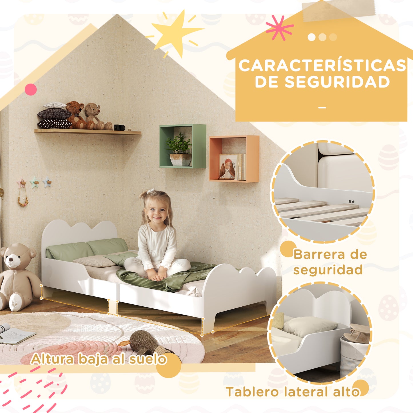 AIYAPLAY Cama para Niños de +3 Años 140x70 cm Estructura de Cama Infantil Tema de Nubes con Barandilla para Dormitorio Blanco