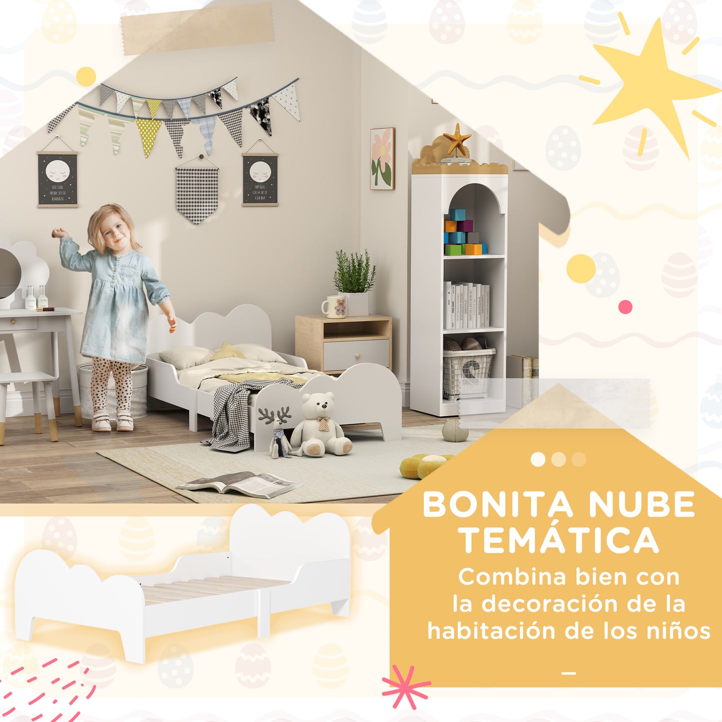 AIYAPLAY Cama para Niños de +3 Años 140x70 cm Estructura de Cama Infantil Tema de Nubes con Barandilla para Dormitorio Blanco