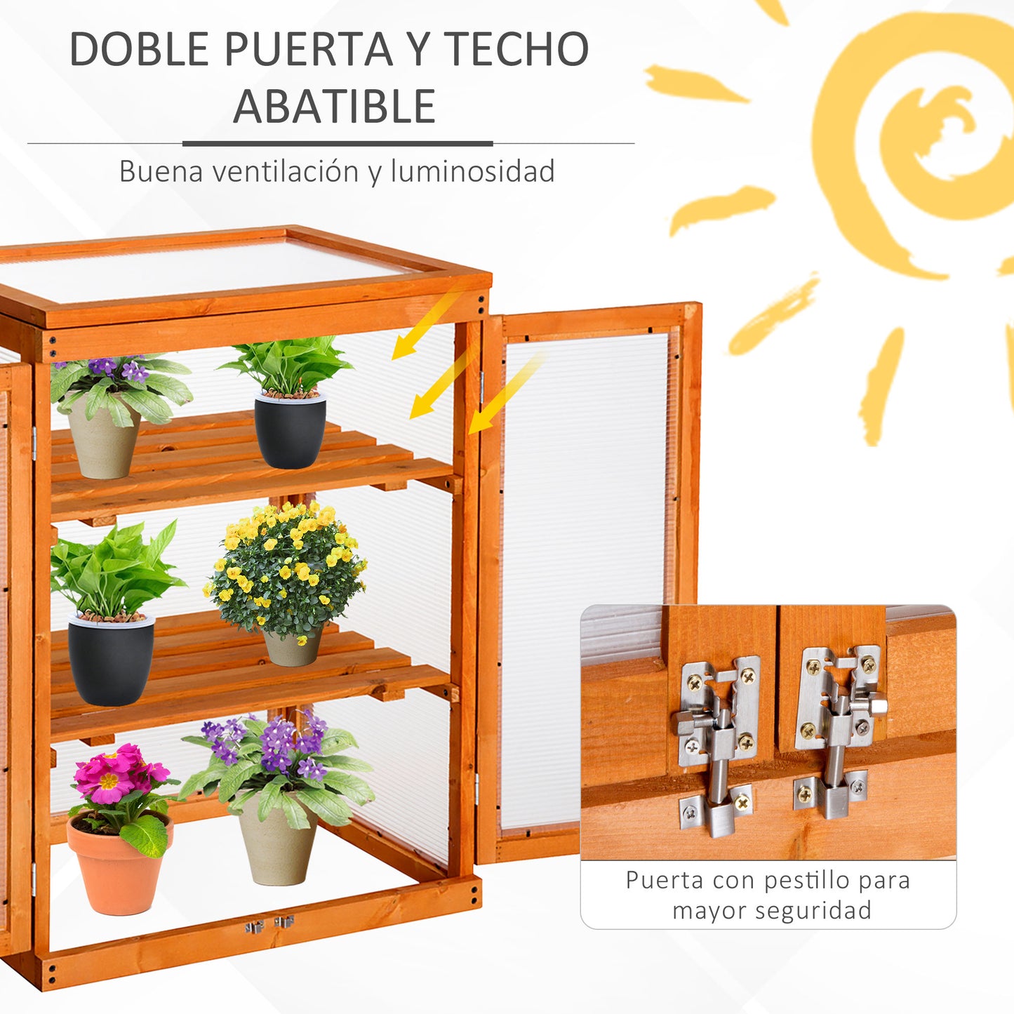 Outsunny Invernadero de Jardín de Madera y Policarbonato Invernadero Vivero Casero con 3 Estantes 2 Puertas y Tapa Abatible para Cultivo de Plantas Terraza Patio 58x44x78 cm Natural