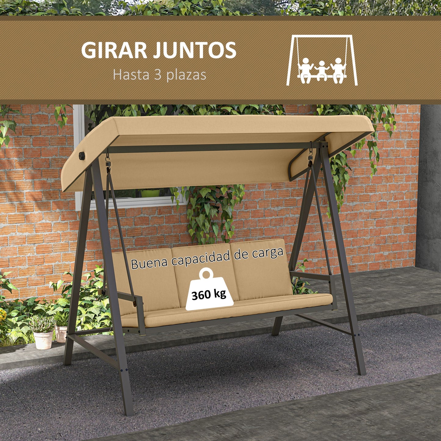 Outsunny Columpio de Jardín de 3 Plazas Balancín Exterior Jardín con Toldo Ajustable Cojines Extraíbles y Estructura de Acero 200x125x175 cm Beige