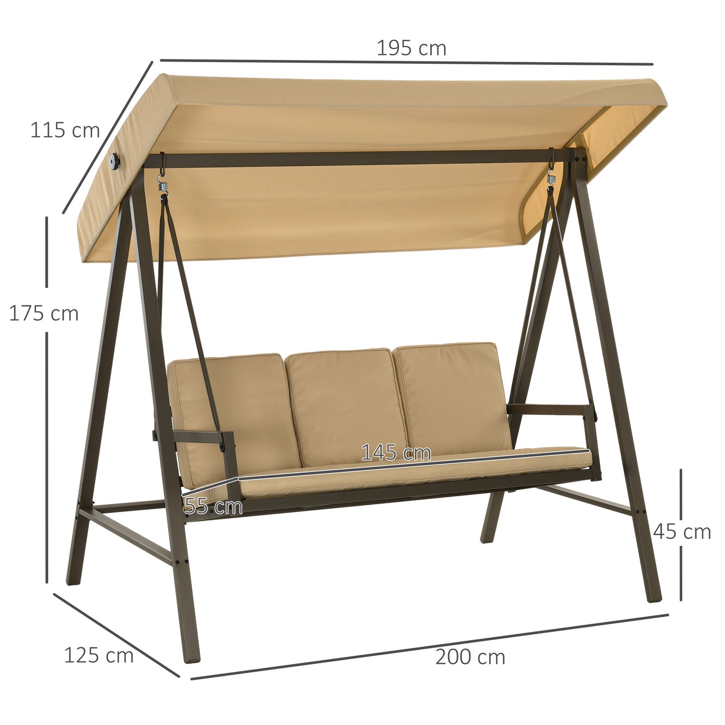 Outsunny Columpio de Jardín de 3 Plazas Balancín Exterior Jardín con Toldo Ajustable Cojines Extraíbles y Estructura de Acero 200x125x175 cm Beige