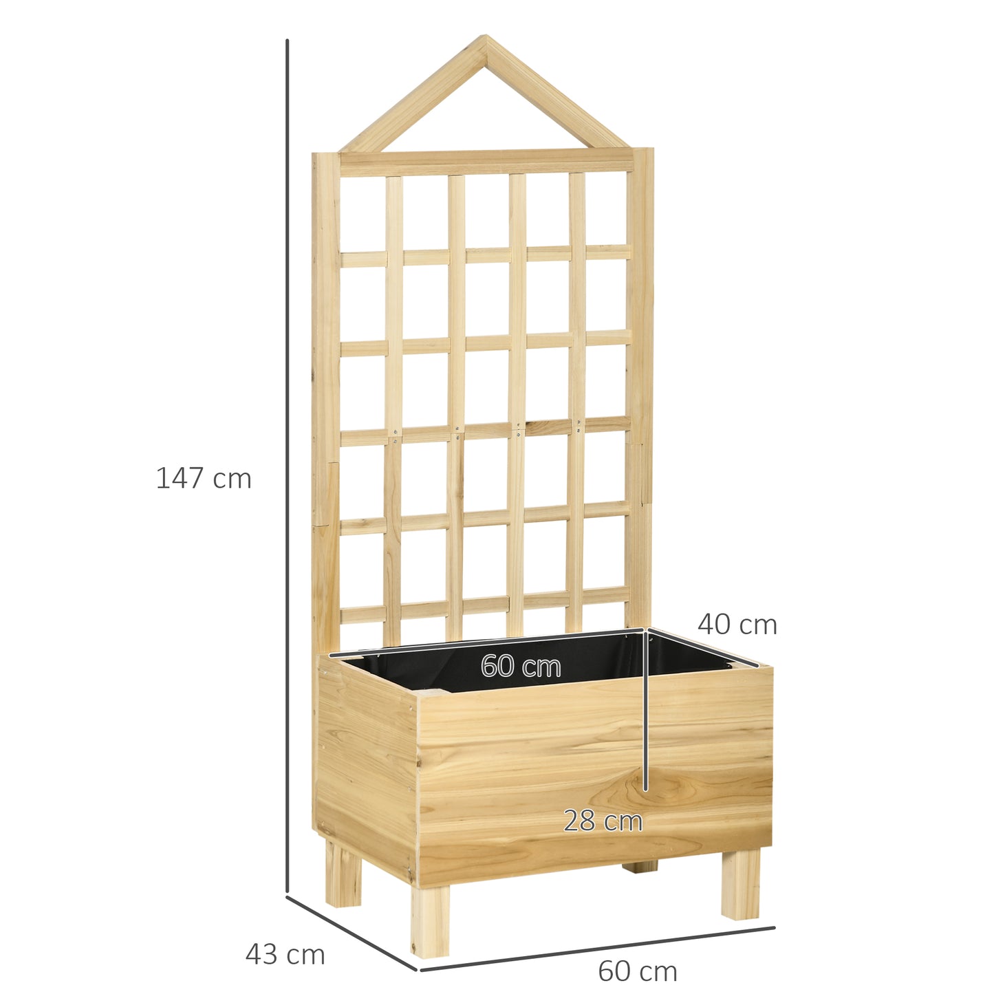 Outsunny Jardinera de Madera con Enrejado Jardinera con Celosía Arriate de Jardín con Tela no Tejida y 2 Orificios de Drenaje para Cultivos Verduras Flores en Exterior 60x43x147 cm Natural