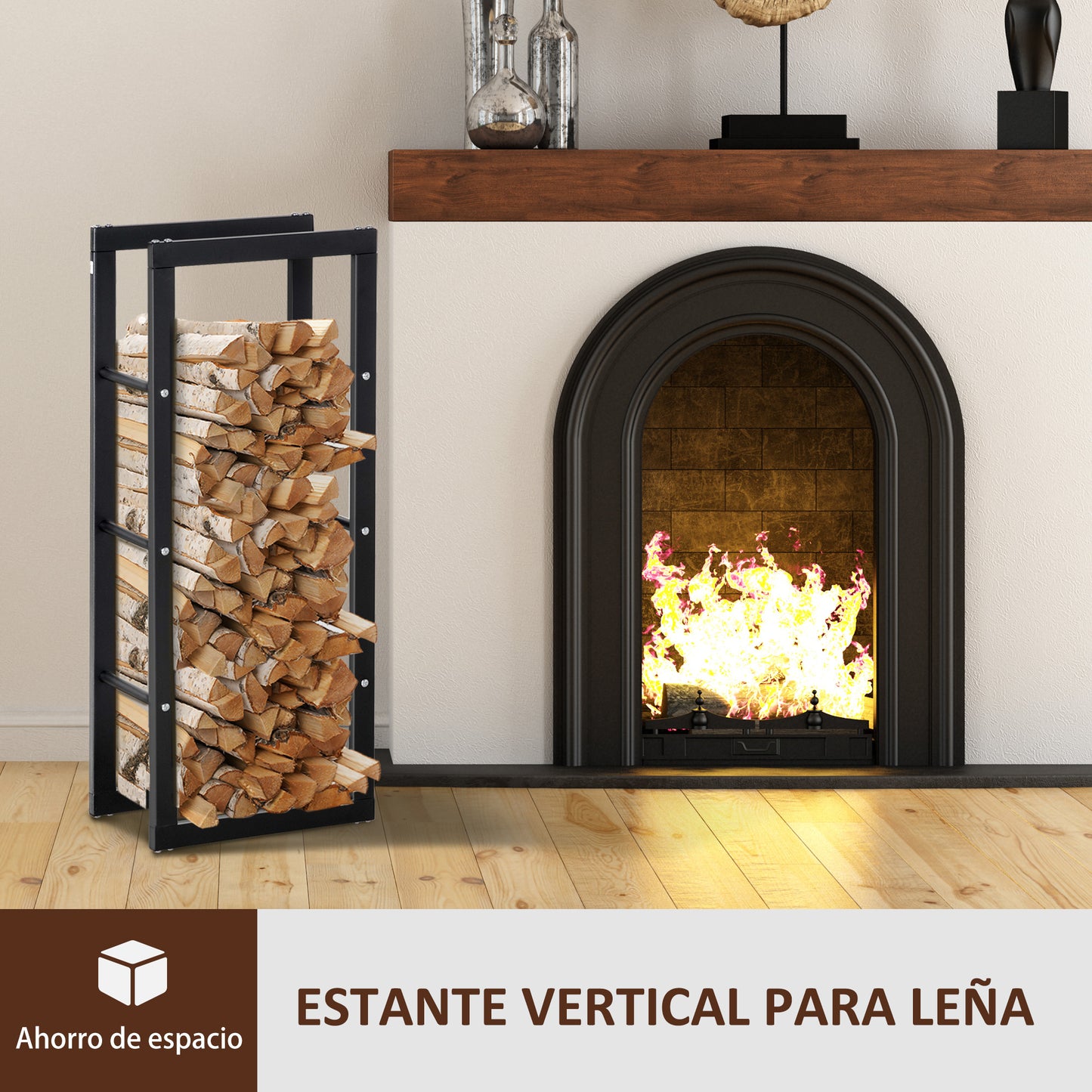 HOMCOM Soporte para Leña Estante de Leña Metálico Leñero de Exterior de Metal para Interior y Exterior Carga 100 kg 40x25x100 cm Negro