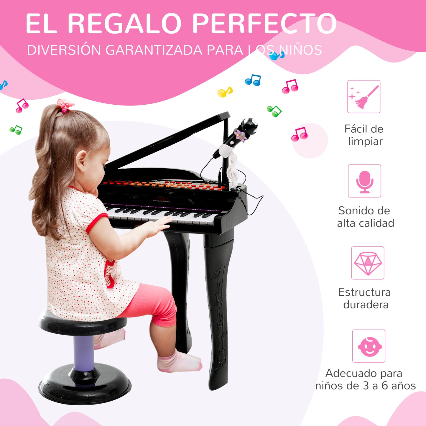 HOMCOM Piano Infantil 37 Teclas Teclado Electrónico Juego de Piano con Micrófono Taburete Luces y 22 Canciones USB/MP3 Karaoke Modo de Enseñanza Negro