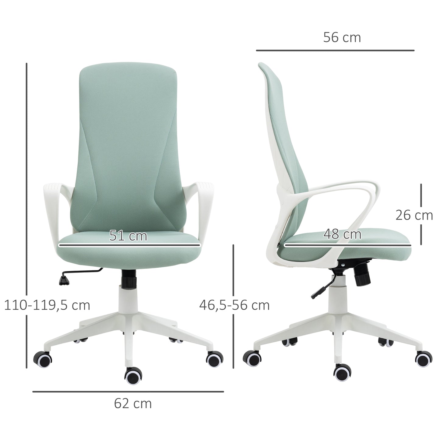 Vinsetto Silla de Oficina Giratoria Silla de Escritorio Juvenil con Altura Ajustable Función de Basculante Reposabrazos y Respaldo Alto 62x56x110-119,5 cm Verde