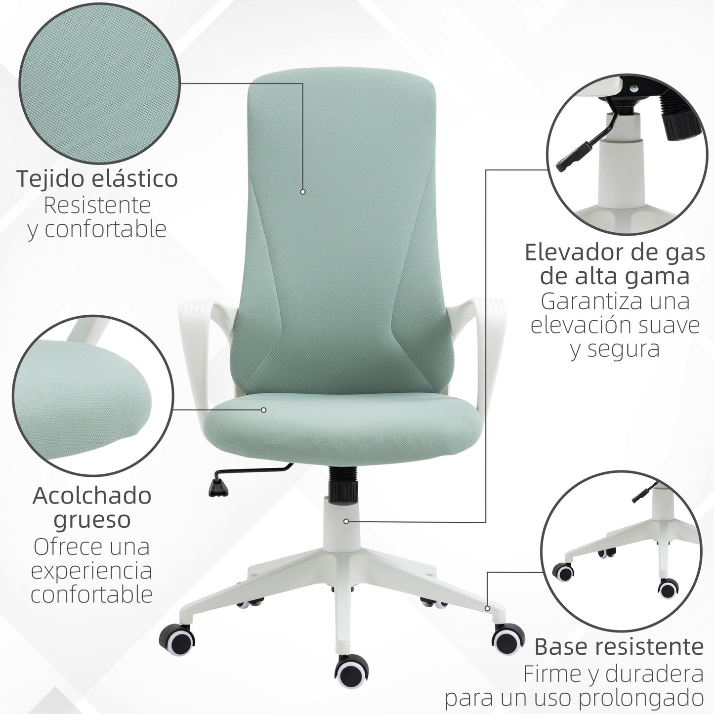 Vinsetto Silla de Oficina Giratoria Silla de Escritorio Juvenil con Altura Ajustable Función de Basculante Reposabrazos y Respaldo Alto 62x56x110-119,5 cm Verde