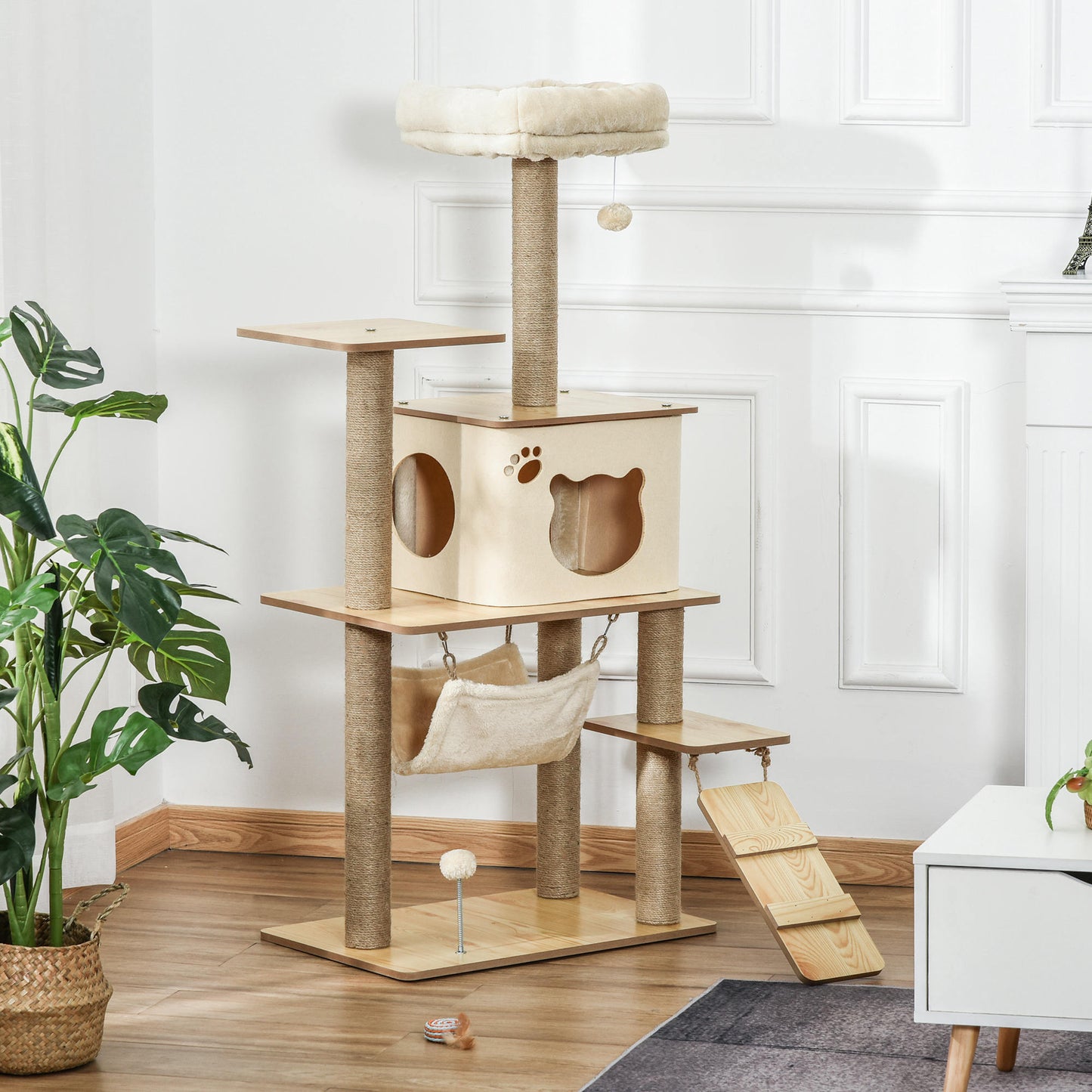 PawHut Árbol Rascador para Gatos Torre de Escalada con Plataformas Hamaca Escalera Cueva Postes para Rascar de Yute Bola Colgante Juego y Descanso 60x40x130 cm Beige