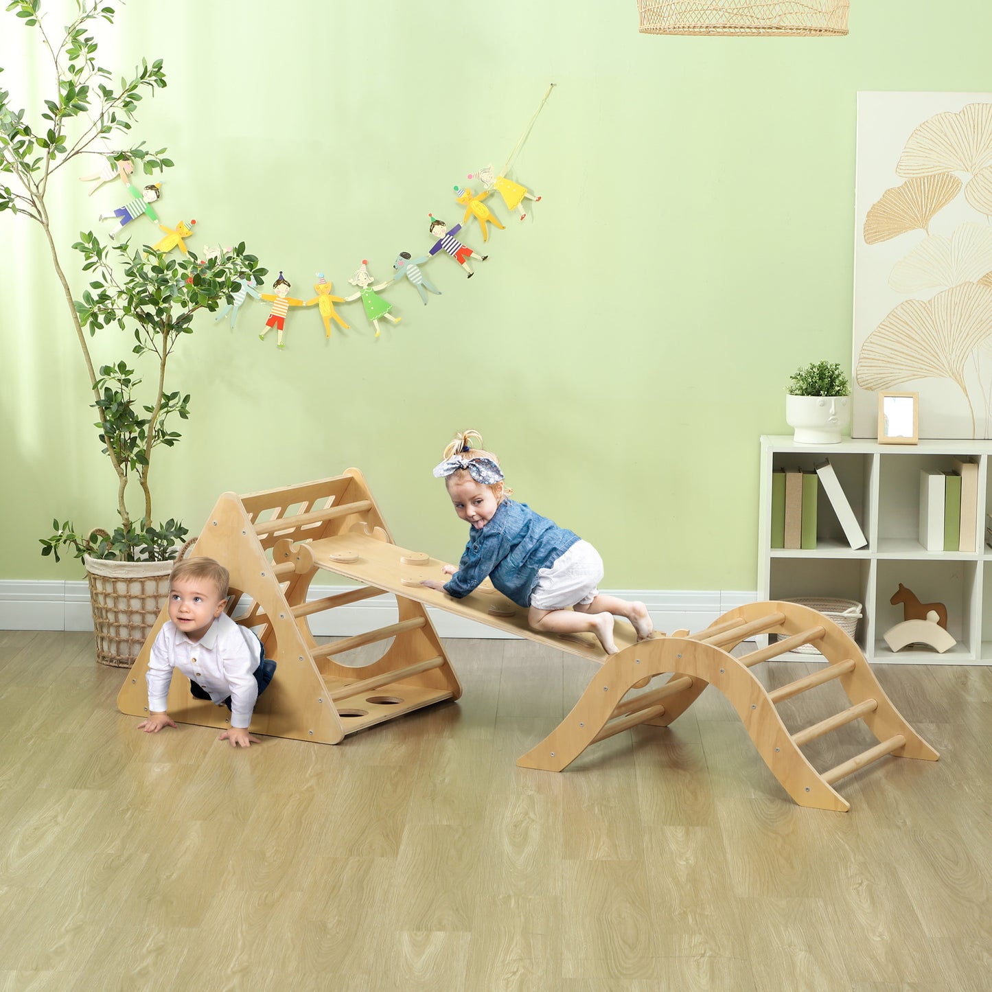 AIYAPLAY Triángulo de Escalada de Madera 8 en 1 Escalada para Niños de 18-48 Meses con Rampa Escalera de Arco y Bolsa de Arena 175x59,5 cm Natural