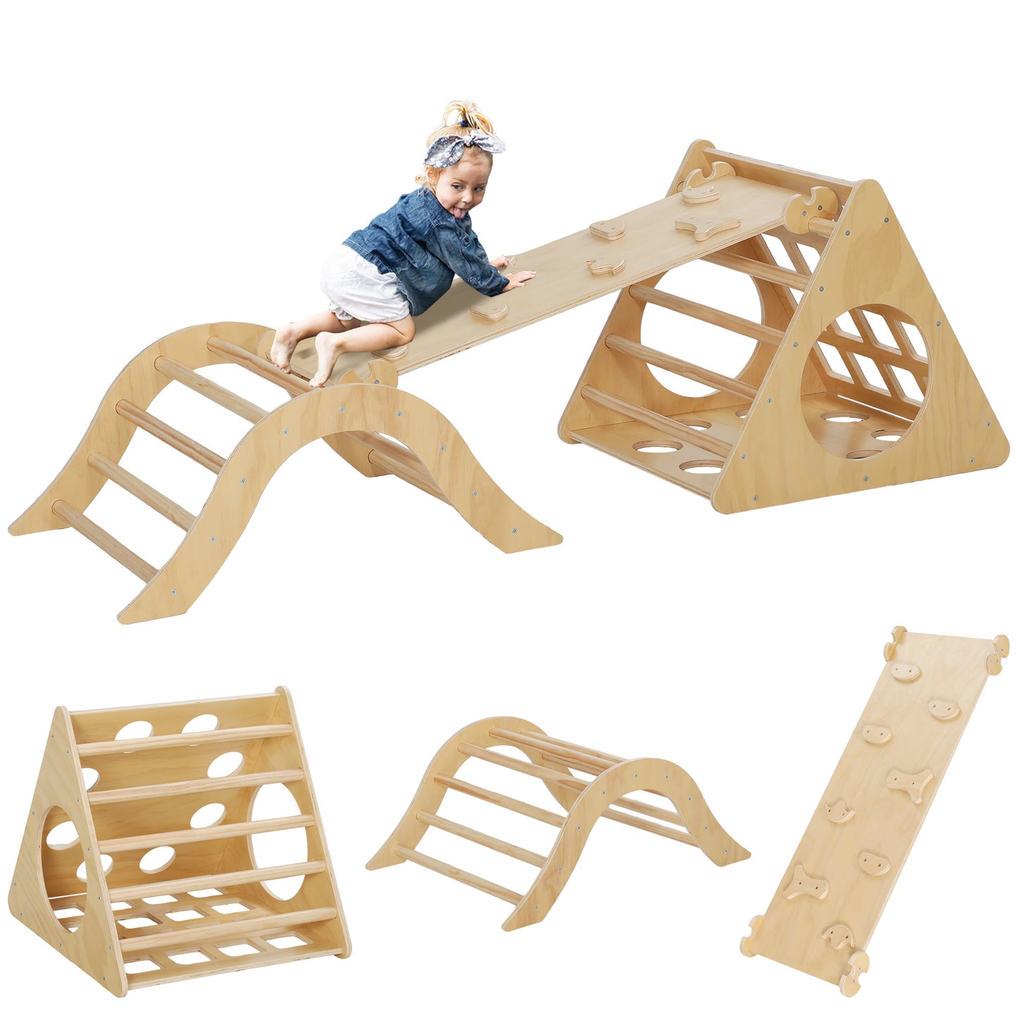 AIYAPLAY Triángulo de Escalada de Madera 8 en 1 Escalada para Niños de 18-48 Meses con Rampa Escalera de Arco y Bolsa de Arena 175x59,5 cm Natural