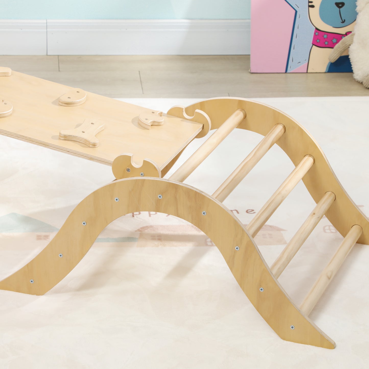 AIYAPLAY Triángulo de Escalada de Madera 8 en 1 Escalada para Niños de 18-48 Meses con Rampa Escalera de Arco y Bolsa de Arena 175x59,5 cm Natural