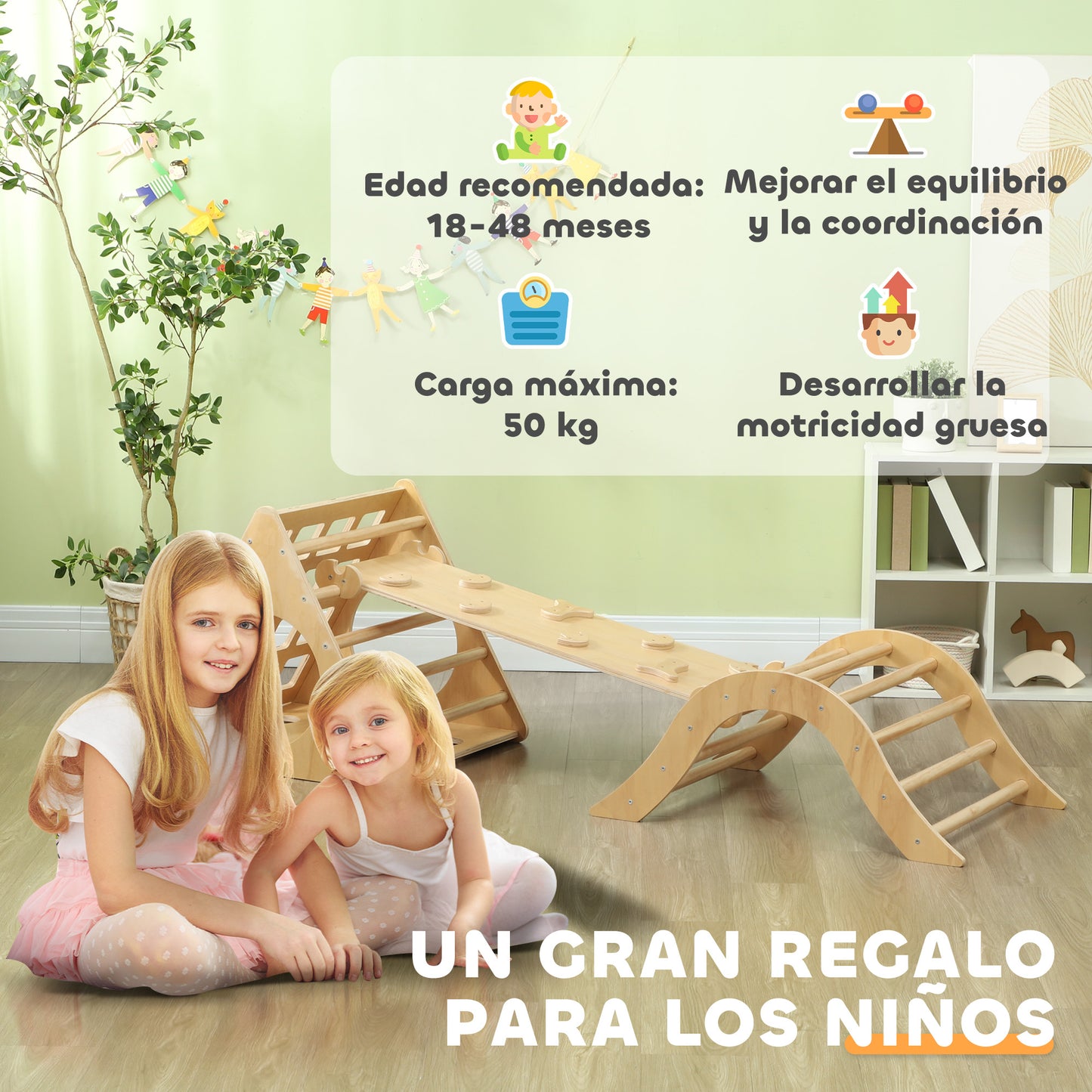 AIYAPLAY Triángulo de Escalada de Madera 8 en 1 Escalada para Niños de 18-48 Meses con Rampa Escalera de Arco y Bolsa de Arena 175x59,5 cm Natural