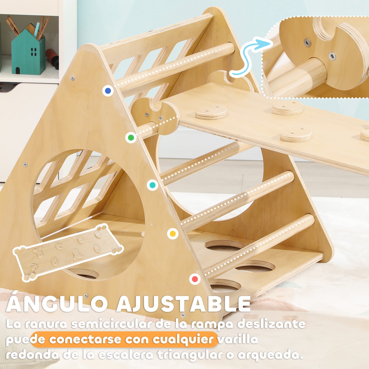 AIYAPLAY Triángulo de Escalada de Madera 8 en 1 Escalada para Niños de 18-48 Meses con Rampa Escalera de Arco y Bolsa de Arena 175x59,5 cm Natural