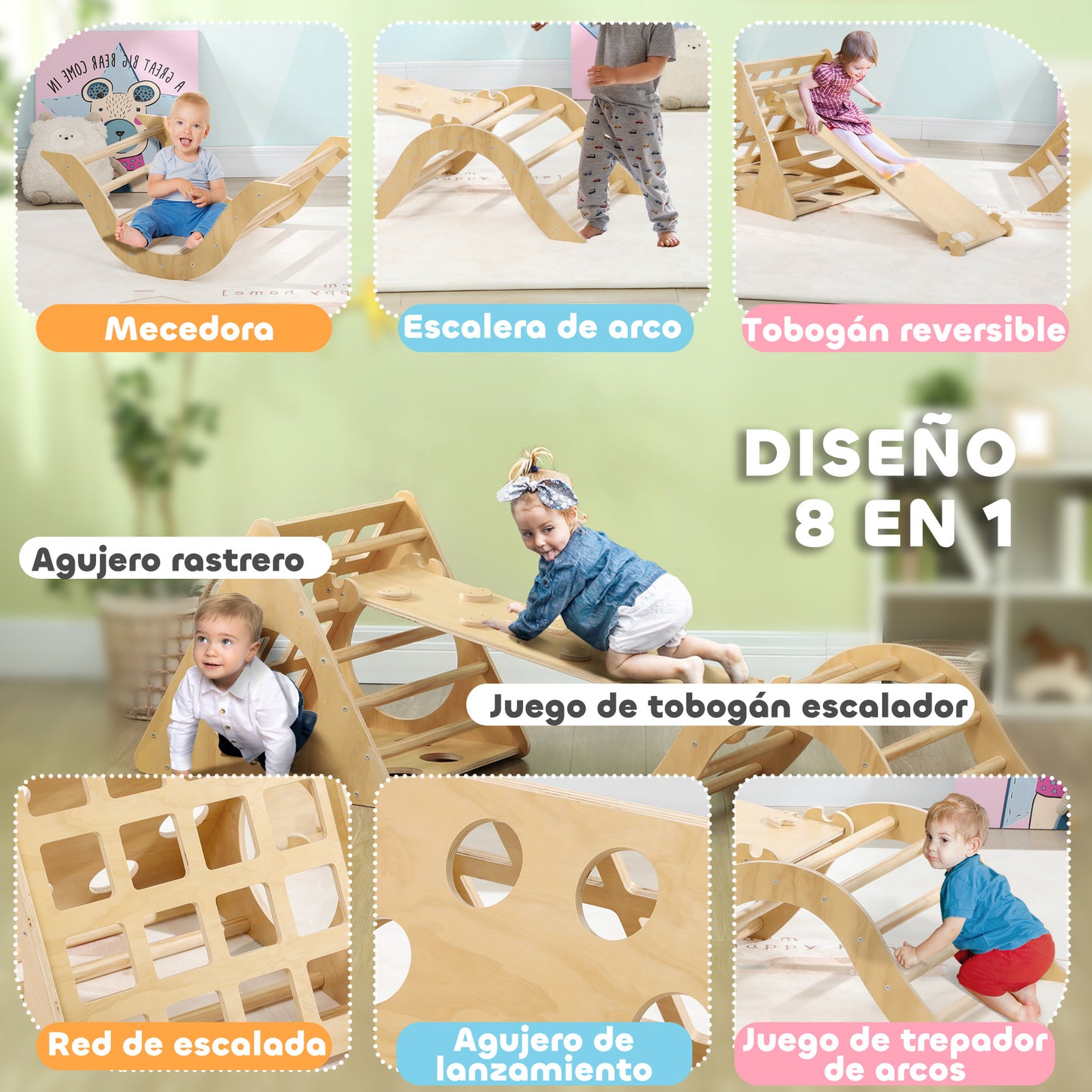 AIYAPLAY Triángulo de Escalada de Madera 8 en 1 Escalada para Niños de 18-48 Meses con Rampa Escalera de Arco y Bolsa de Arena 175x59,5 cm Natural