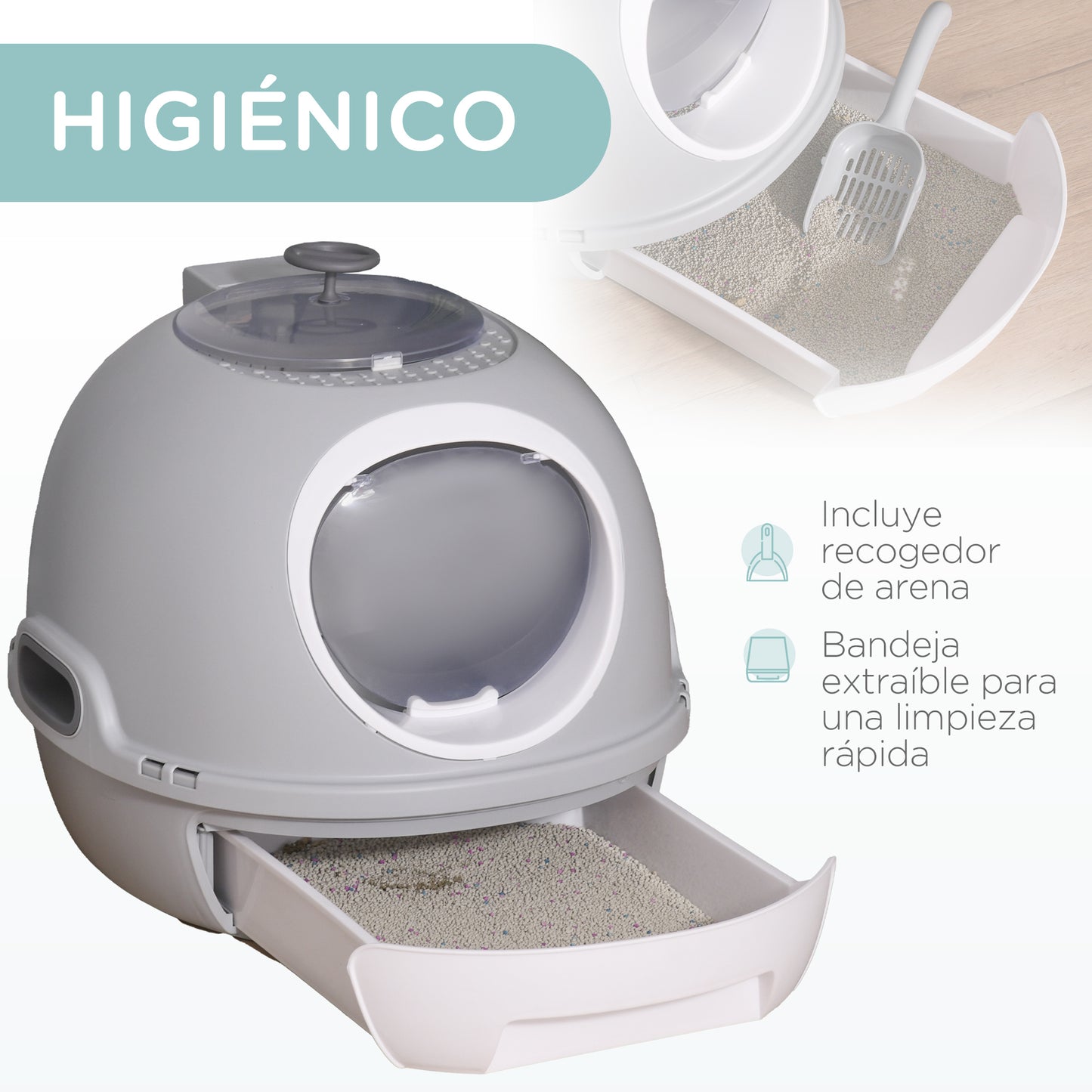 PawHut Caja de Arena para Gatos Arenero Cubierto con Cajón Arenero Cerrado para Gatos con Claraboya Abatible Bandeja Extraíble y Pala 47x55x44 cm Gris