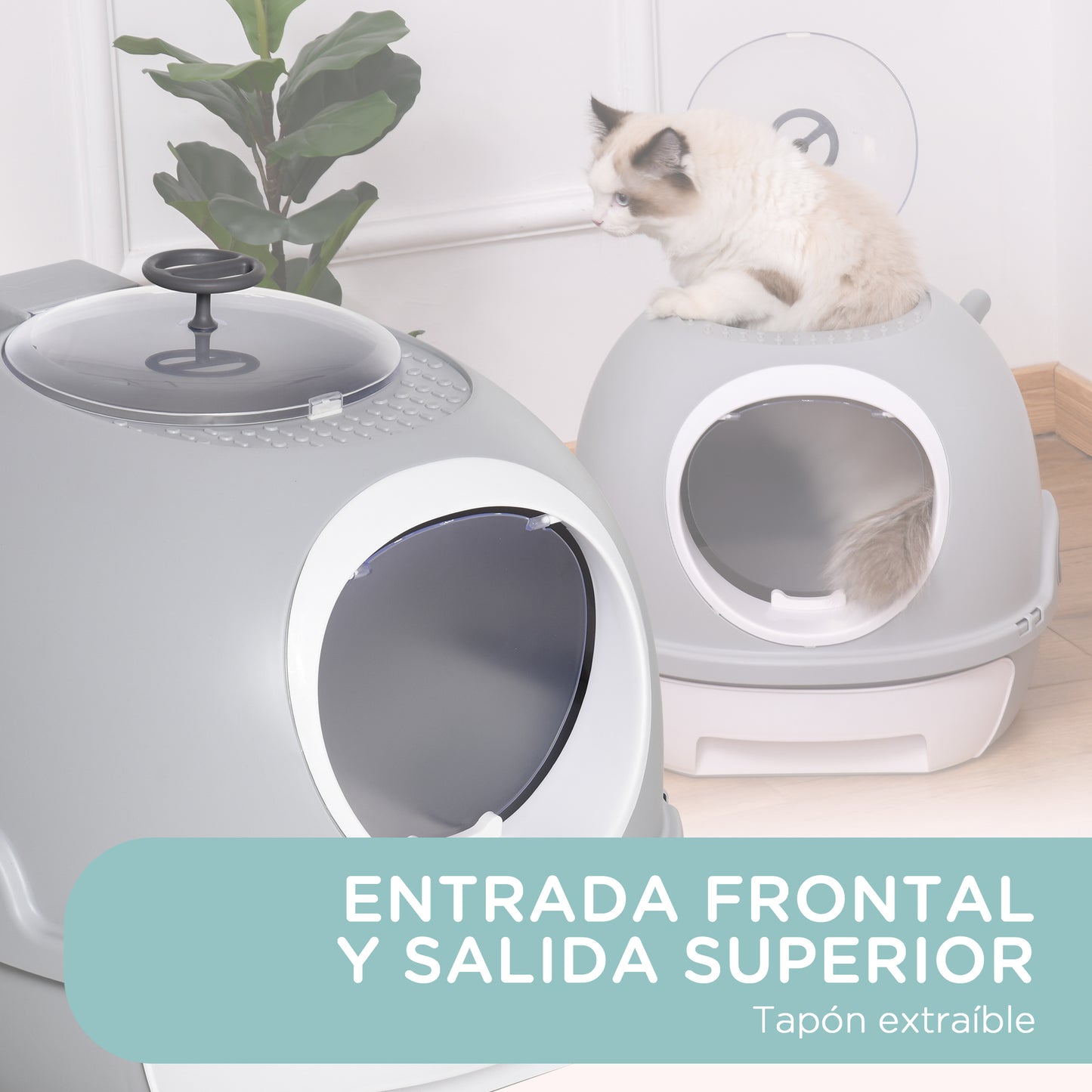 PawHut Caja de Arena para Gatos Arenero Cubierto con Cajón Arenero Cerrado para Gatos con Claraboya Abatible Bandeja Extraíble y Pala 47x55x44 cm Gris